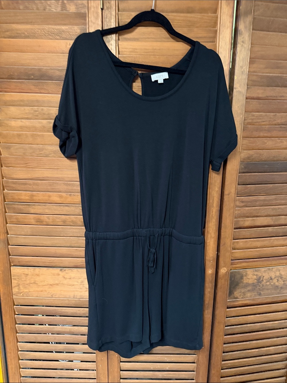 LOFT Black Short-Sleeve Drawstring Waist Romper